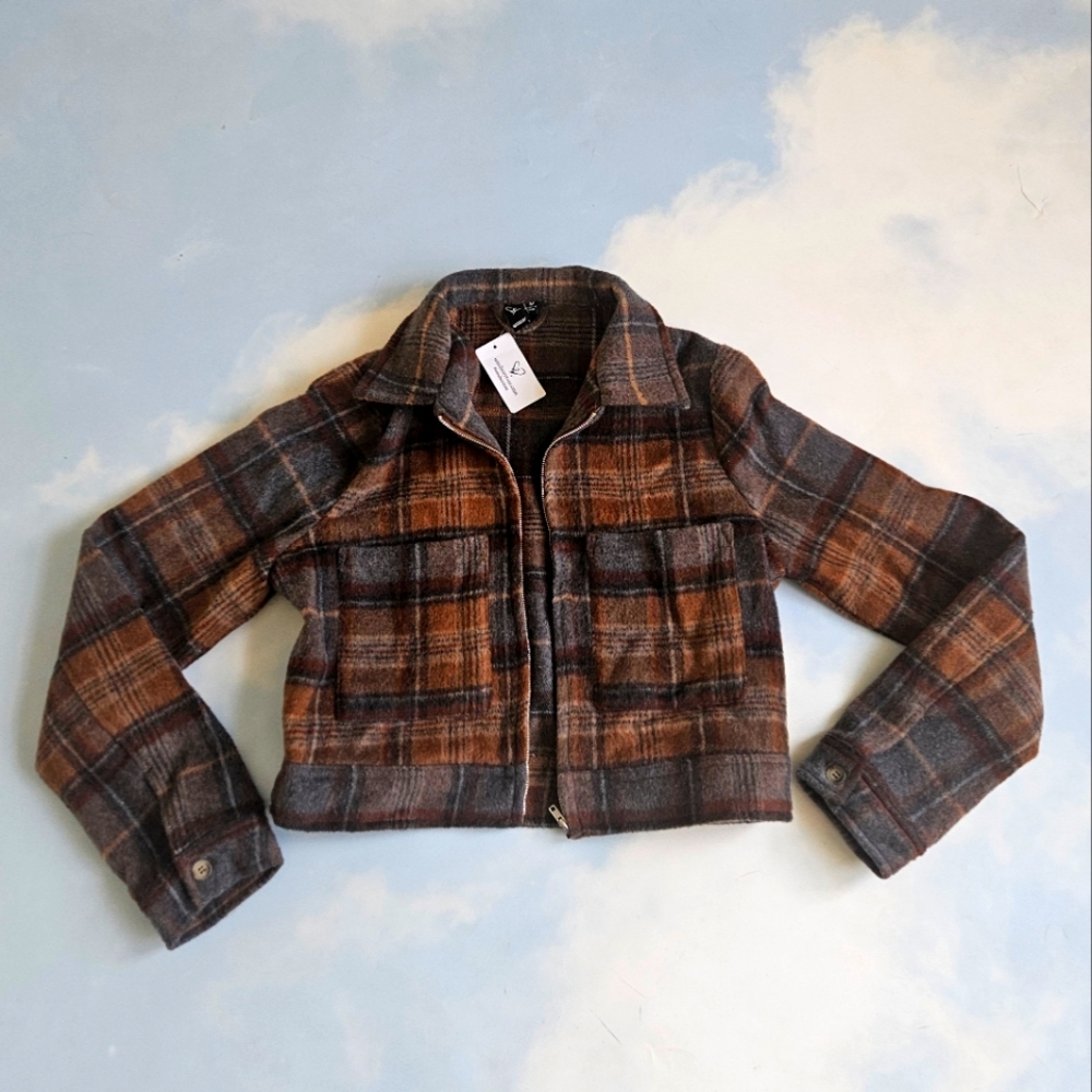Rust Brown Blue Plaid Cropped Jacket Grey Plaod Jacket Plaid Cropped Jacket